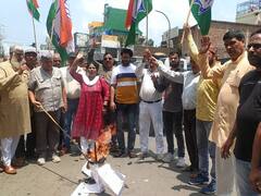 रामनगर में कांग्रेस कार्यकर्ताओं का बीजेपी के खिलाफ प्रदर्शन, प्रदेश सरकार का फूंका पुतला