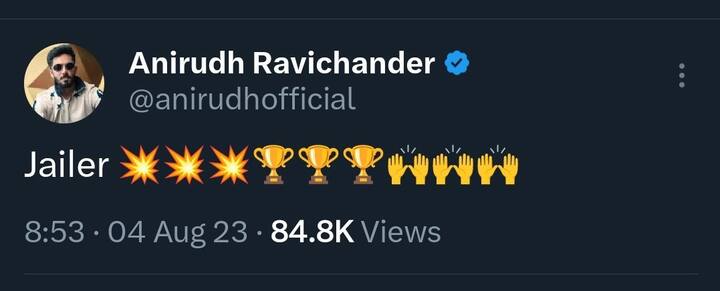 தற்போது இப்படத்தின் இசையமைப்பாளரான அனிருத், ஜெயிலர் படத்தை பார்த்து விட்டு ட்விட்டர் பக்கத்தில் ஃபயர் இமோஜியை பதிவிட்டுள்ளார்.