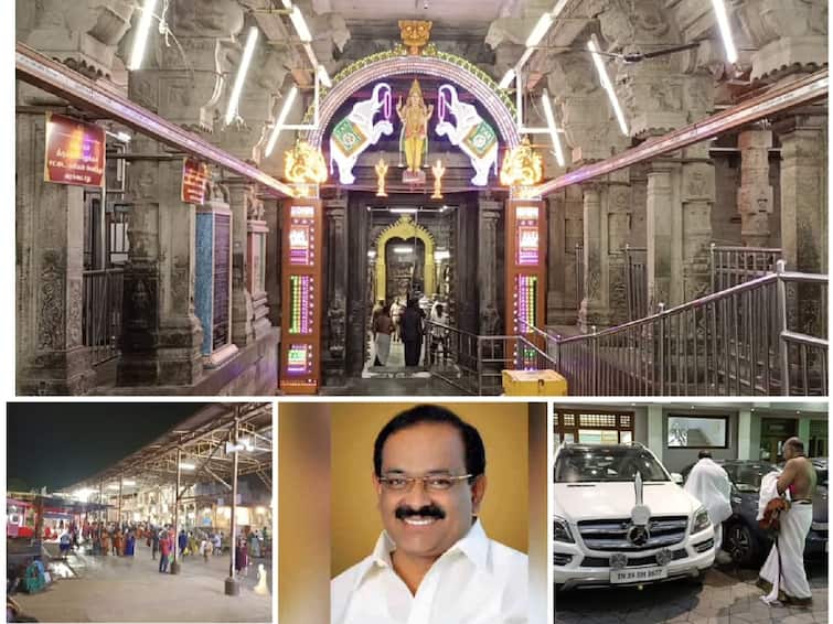 Minister Chakrapani attend Chatru Samhara Poojai in Thiruchendur murugan temple TNN திருச்செந்தூரில் சத்ரு சம்ஹார பூஜை செய்த  அமைச்சர் சக்கரபாணி - படம் பிடிக்காத வகையில் பேட்டரி காரில் விடுதி சென்ற அமைச்சர்