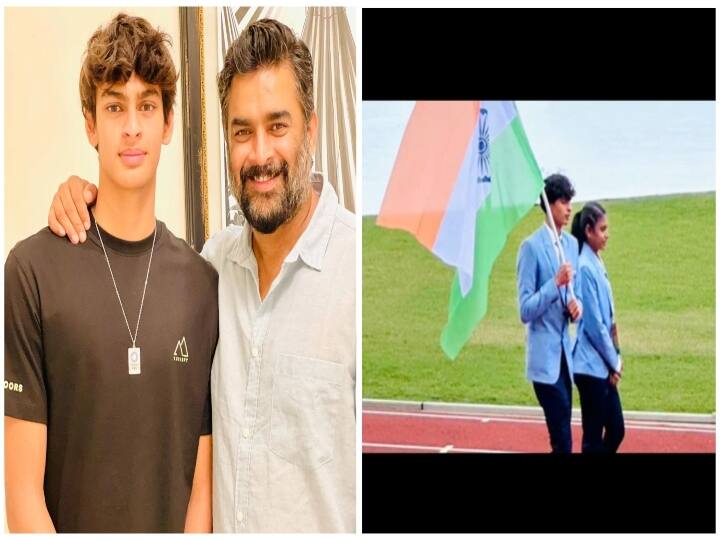 actor Madhavan Shares Video of Son Vedaant and India’s Flagbearer at Commonwealth Youth Games 2023 Opening Ceremony Madhavan Son: தேசிய கொடியை கம்பீரமாக ஏந்திச்சென்ற மாதவன் மகன்.. யூத் காமன்வெல்த் அணிவகுப்பில் அசத்தல்..! வீடியோ