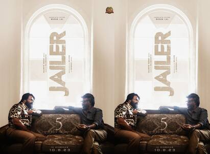 Mohanlal with rajinikanth  jailer film crew released the new poster Jailer : சூப்பர் ஸ்டாருடன் மலையாள சூப்பர் ஸ்டார்...! ஜெயிலர் படக்குழு வெளியிட்ட மாஸ் போஸ்டர்!