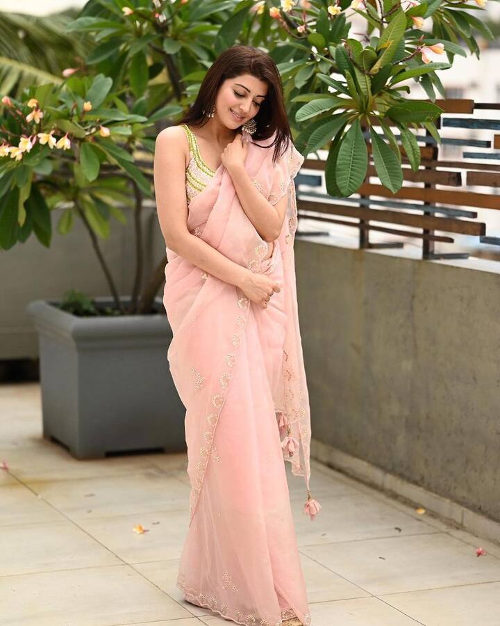 లేత పింక్ కలర్ చీరలో చక్కని చుక్కలా మెరిసిపోయింది. Image Credit: Pranitha Subhash/Instagram