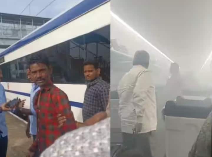 Vande bharat express man smoke cigarette in vande bharat express train passengers fled video viral Vande Bharat Express: वंदे भारत ट्रेनमध्ये 'सिगारेट'मुळे गोंधळ! डब्यात पसरला धूर; काचा फोडून प्रवाशांनी काढला पळ; पाहा व्हिडिओ