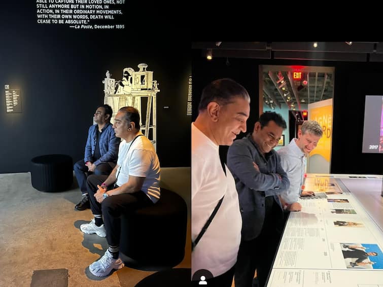 a r rahman and kamalhassan watched oppenheimer movie together Kamalhaasan AR Rahman: கமல் ஹாலிவுட்டுக்கு சென்று படம் இயக்க வேண்டும்... அவர் இங்கு மாட்டிக்கொண்டிருக்கிறார்... ஏ.ஆர்.ரஹ்மான் பளிச்!