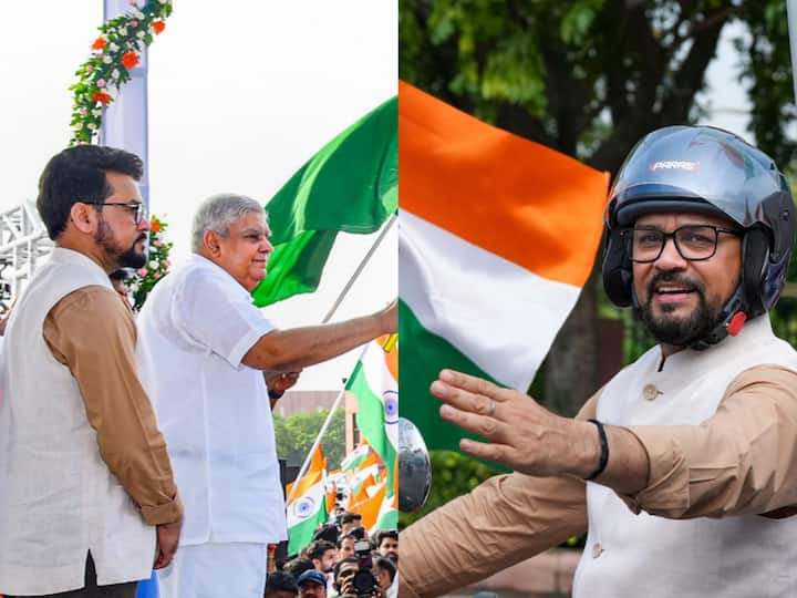 Vice President Jagdeep Dhankhar flagged off the 'Har Ghar Tiranga' bike rally of ministers and MPs from Pragati Maidan in Delhi. The Yatra will conclude at Kartavya Path. (Photo: PTI)