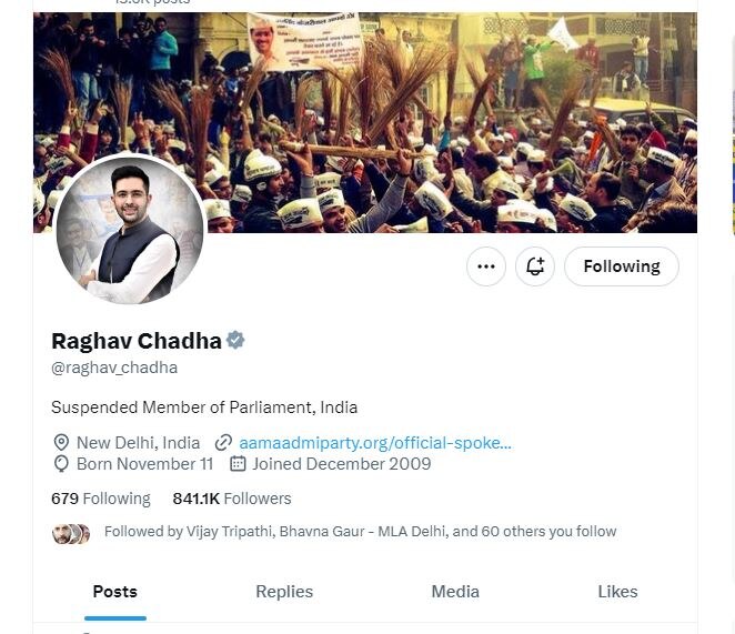 Raghav Chadha News: राघव चड्ढा ने बदल दिया अपना ट्विटर बायो, राज्यसभा से निलंबन के बाद उठाया कदम