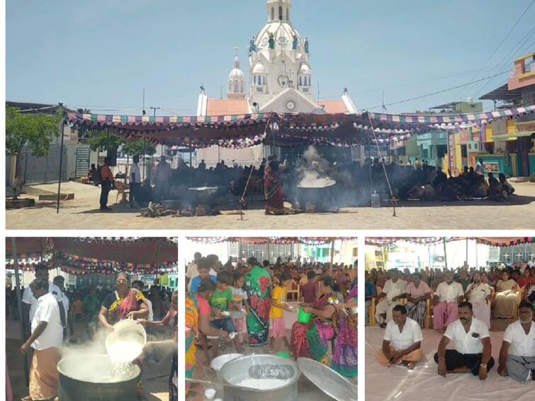 Amalinagar fishermen are protesting in front of the pandal insisting on the construction of the bait arch bridge TNN தூண்டில் வளைவு பாலம் அமைக்க வலியுறுத்தி அமலிநகர் மீனவர்கள் பந்தல் முன்பு கஞ்சி காய்ச்சும் போராட்டம்