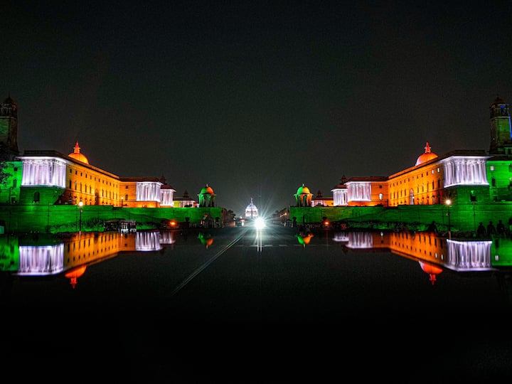 Raisina Hills In New Delhi has been lit up in tricolour on the eve of 77th Independence Day. Image Source: PTI