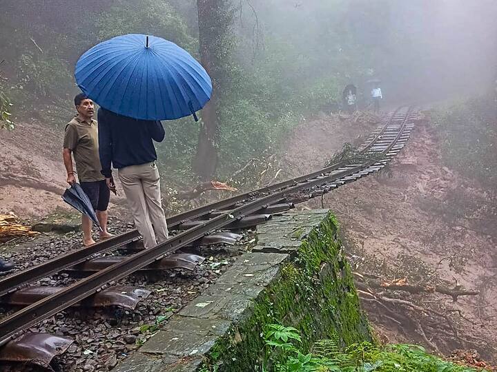 Damaged railway track following a landslide due to incessant rains near Summer Hill in Shimla on Monday. (Photo: PTI)