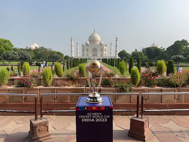 The gleaming silverware, set to be the ultimate prize when the tournament gets underway from 5 October to 19 November, radiated under the sun against the magnificent backdrop of the Taj Mahal.