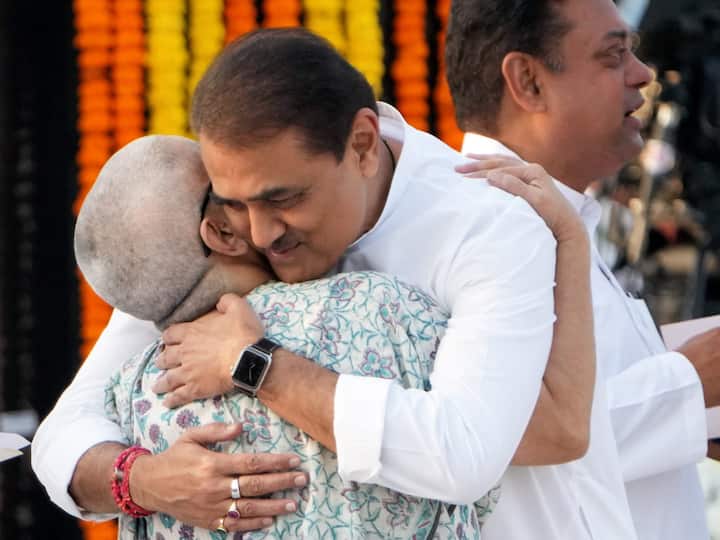 NCP leader Praful Patel greets former Prime Minister late Atal Bihari Vajpayee's foster daughter Namita Kaul Bhattacharya while paying tribute to Vajpayee at his memorial Sadaiv Atal in New Delhi. (Image Source: PTI)