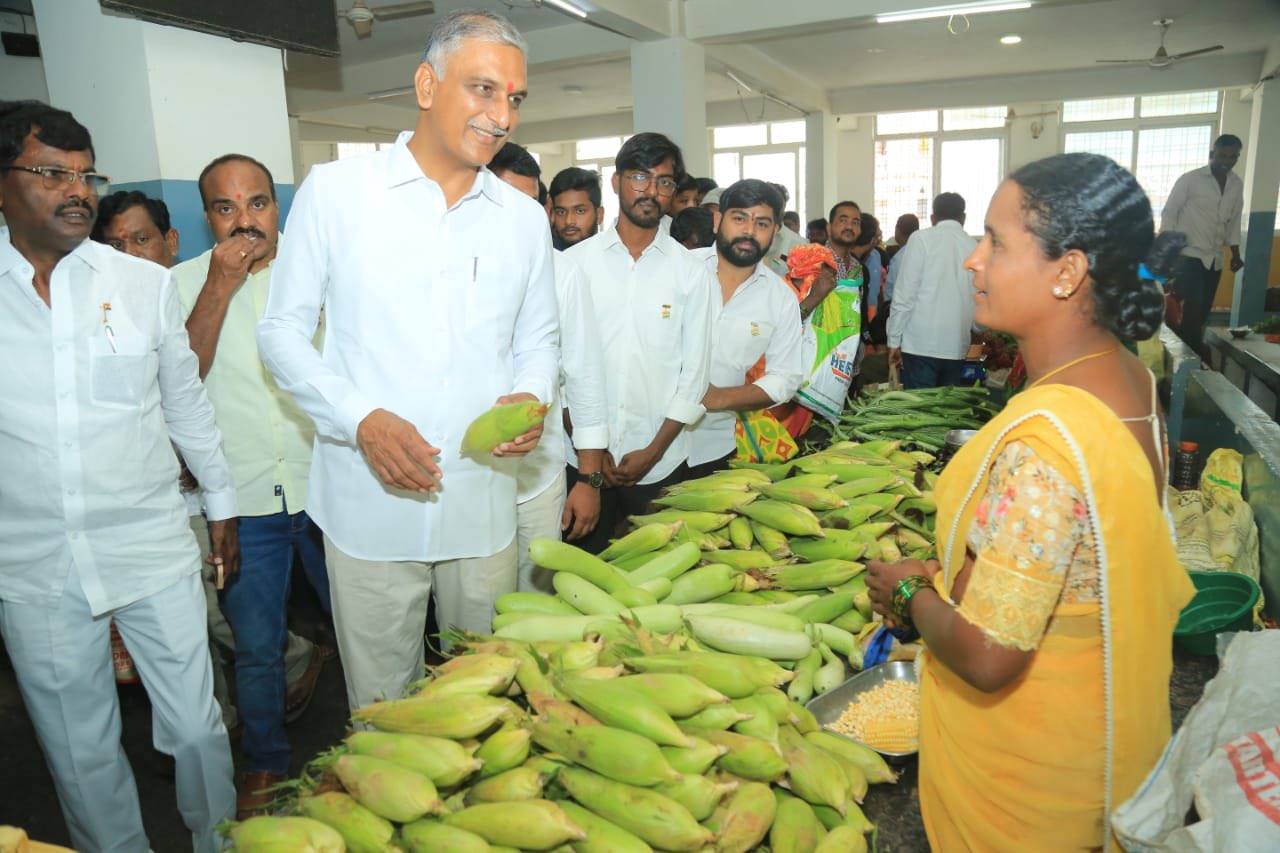 Harish Rao: తక్కెడ చేతపట్టిన మంత్రి హరీశ్ రావు, రైతుబజార్‌లో కూరగాయల అమ్మకం