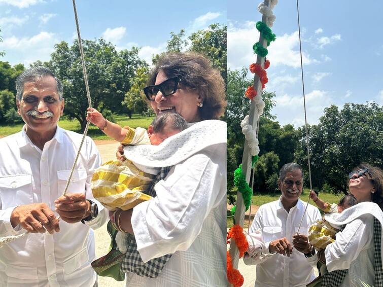 Mega Princess Klin Kaara Konidela hoisted the national flag with her grandparents photos goes viral Klin Kaara: అమ్మమ్మ తాతయ్యలతో కలిసి జాతీయ జెండా ఎగురవేసిన మెగా ప్రిన్సెస్ క్లిన్ కారా!