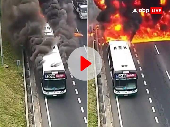 Fire in bus full of passengers running for their lives in argentina video viral Bus Fire: यात्रियों से भरी बस में अचानक लग गई आग, देखते ही देखते पूरे NH से उठने लगी तेज लपटें, जान बचाने की लगी होड़