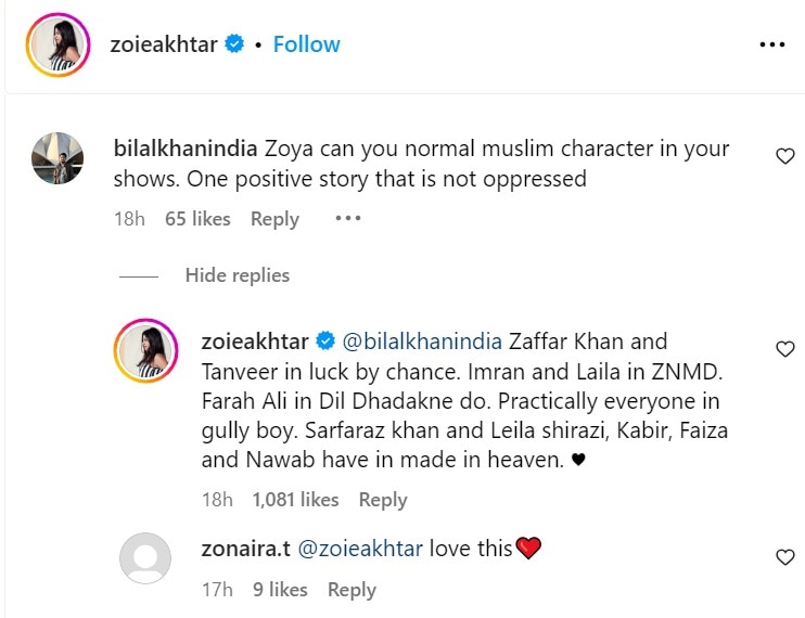 Zoya Akhtar Responds To Netzien Who Asks If There Ever Will Be 'Unoppressed Muslim' Characters In Her Projects