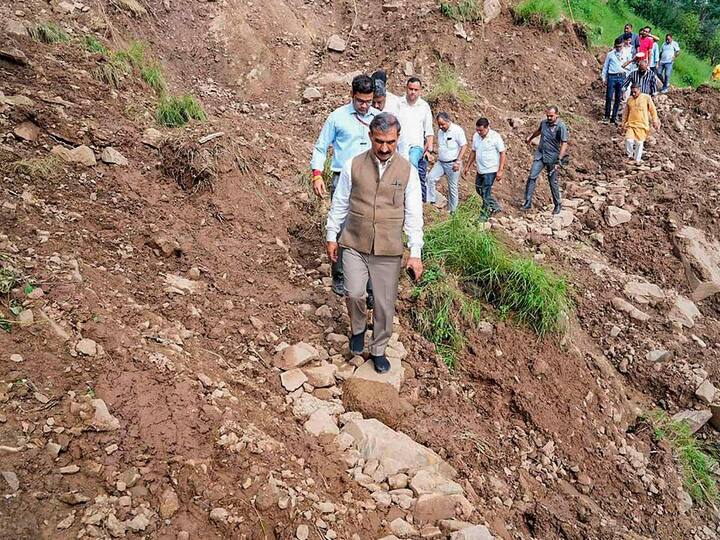 Himachal Pradesh Chief Minister Sukhvinder Singh Sukhu visited rain-affected regions in Mandi district on Thursday. So far, the state has incurred losses of around Rs 7,500 crore. (Source: PTI)