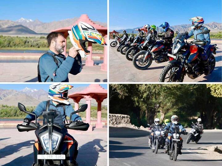 Congress leader Rahul Gandhi took a bike ride to Pangong Lake to celebrate his father Rajiv Gandhi's birth anniversary on Saturday. Check out the pics.