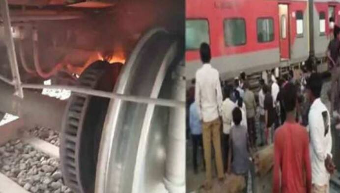 khajuraho express engine catches fire passengers panic  Khajuraho Express Fire : ઉદયપુર-ખજુરાહો એક્સપ્રેસના એન્જિનમાં લાગી આગ, મુસાફરોમાં હડકંપ, VIDEO 