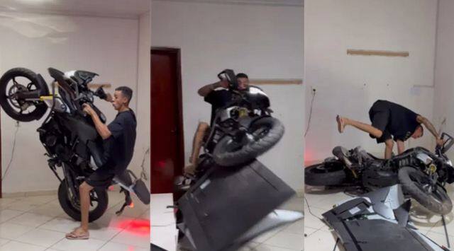 man performing dangerous bike stunt in room shocking video Shocking Video: ਘਰ ਦੇ ਅੰਦਰ ਸਟੰਟ ਕਰਨਾ ਪਿਆ ਮਹਿੰਗਾ, ਅਗਲੇ ਹੀ ਪਲ ਹੋਇਆ ਲੱਖਾਂ ਦਾ ਨੁਕਸਾਨ