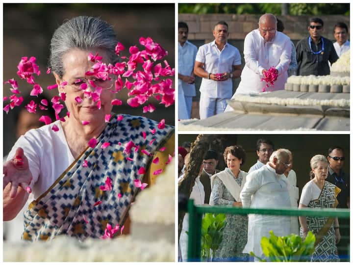 Congress President Mallikarjun Kharge, Sonia Gandhi, Priyanka Gandhi, and other party leaders paid floral tributes to the former prime minister Rajiv Gandhi on his 79th birth anniversary.