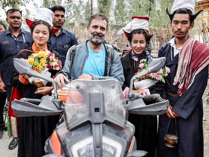 Senior Congress leader Rahul Gandhi on Saturday resumed his bike ride in Ladakh. Earlier, he rode a motorcycle from Leh to Pangong Lake in the Union Territory of Ladakh on the eve of his father Rajiv Gandhi's birth anniversary. (Source: Jainendra)
