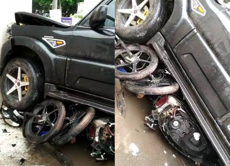 Accident in Rajkot, 18-year-old youth's Scorpio collides with 3 bikes and vegetable lorry, one person injured રાજકોટમાં નબીરા બેફામ, 18 વર્ષના યુવકે સ્કોર્પીયોથી 3 બાઈક અને શાકભાજીની લારીને લીધી અડફેટે, એક વ્યક્તિ ઇજાગ્રસ્ત