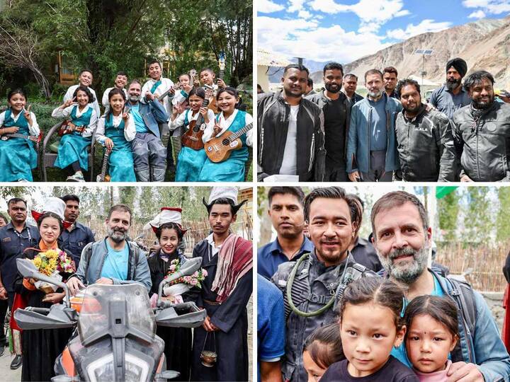 Congress leader Rahul Gandhi interacted with locals on his third day of a bike trip to Pangong Lake. Here are the latest images of his trip: