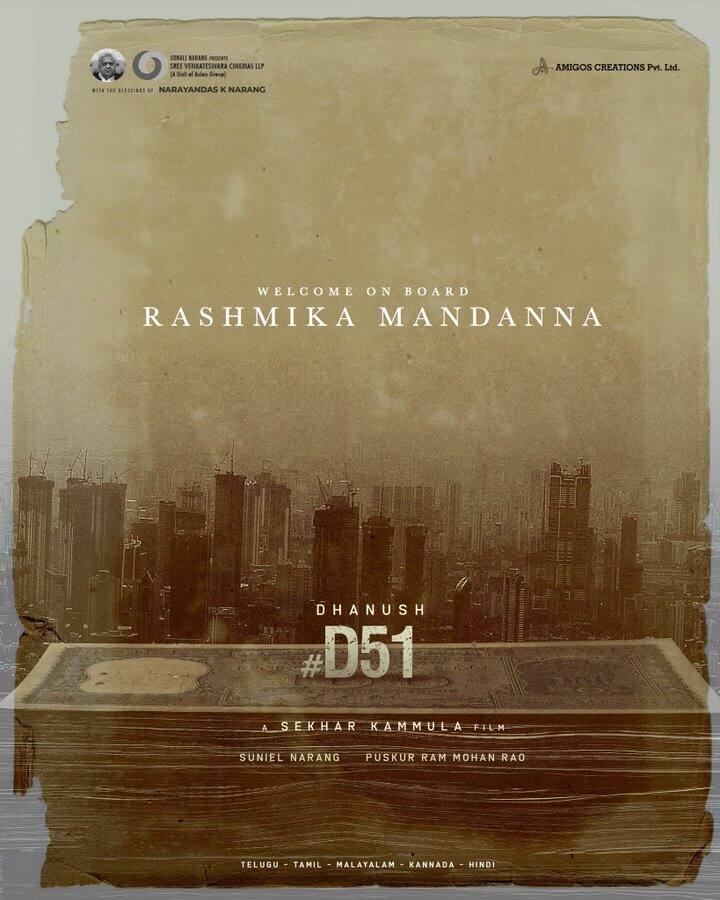 நடிகர் தனுஷ் நடிப்பில் தெலுங்கு இயக்குநர் சேகர் கம்மூலா இயக்கும் இப்படத்தில் ராஷ்மிகா மந்தனா கதாநாயகியாக நடிக்கவுள்ளார்.