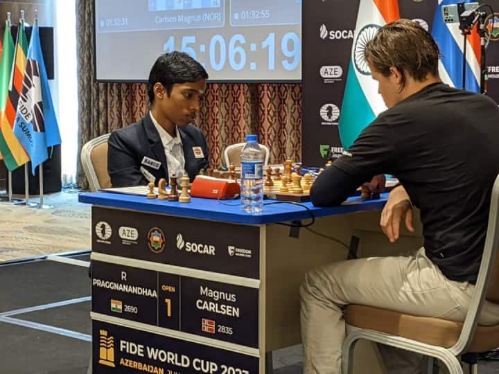 Chess World Cup 2023: प्रज्ञानानंद और कार्लसन के बीच दूसरा मुकाबला भी ड्रॉ, टाईब्रेक से तय होगा विनर; पढ़ें नियम Praggnanandhaa vs Magnus Carlsen FIDE World Cup Chess tournament final 2nd game draw tie break rules Chess World Cup 2023: प्रज्ञानानंद और कार्लसन के बीच दूसरा मुकाबला भी ड्रॉ, टाईब्रेक से तय होगा विनर; पढ़ें नियम