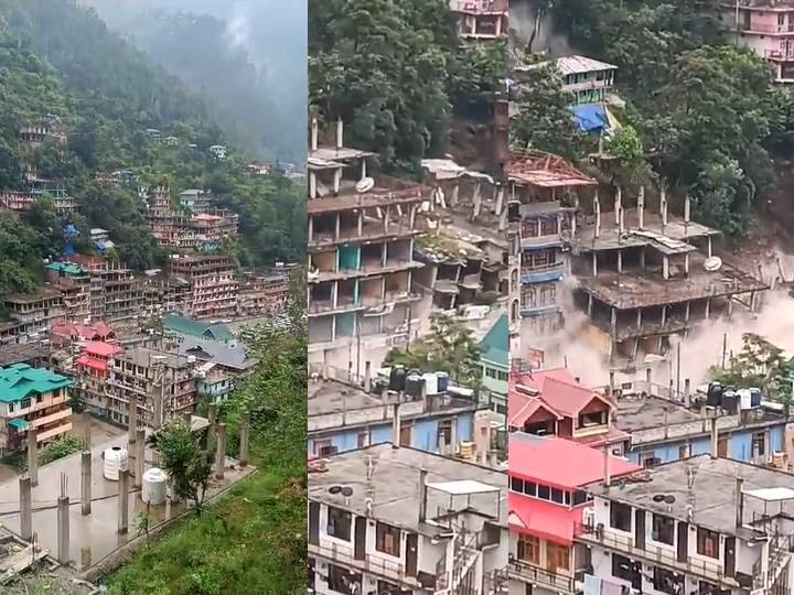 Buildings Collapse Like Pack Of Cards In Kullu Due To Landslides watch video in Himachal Pradesh Shocking Video:  இமாச்சலில் தொடரும் கனமழை.. நொடிப்பொழுதில் அப்பளம்போல நொறுங்கிய கட்டடங்கள்.. அதிர்ச்சி வீடியோ