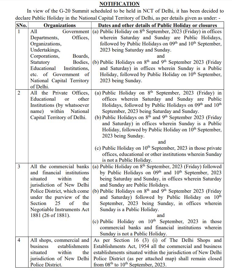 G-20 Summit: जी-20 सम्मेलन के चलते दिल्ली में केंद्र सरकार के कार्यालय 3 दिन रहेंगे बंद, पढ़ें पूरी गाइडलाइन