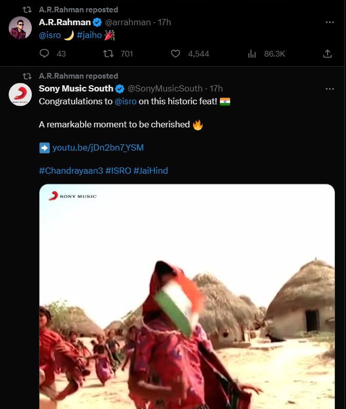 அதேபோல் இசையமைப்பாளர் ஏ.ஆர் ரகுமான் “இந்த ஈடு இணையில்லாத சாதனை என்றும் நினைவில் இருக்கும்” என பதிவிட்டுள்ளார்.