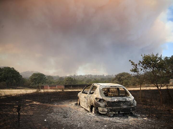 Remains of a charred car in Alexandroupolis, Greece. Authorities have made 140 wildfire-related arrests, including 117 for negligence. (Source: Getty)