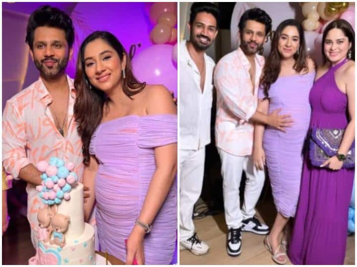 Rahul Vaidya and Disha Parmar hosted baby shower ceremony actress flaunting baby bump in lavender dress see inside pics Disha Parmar Baby Shower: दिशा परमार की गोदभराई में हुई खूब मस्ती, बेबी बंप फ्लॉन्ट करते बेहद खूबसूरत लगीं एक्ट्रेस, देखें Inside तस्वीरें
