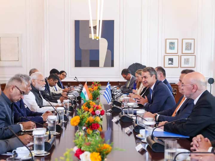 Prime Minister Narendra Modi, who is on a daylong visit to Greece, interacted with Greece officials and ministers on Friday. He said they discussed matters related to defence, security, infrastructure, agriculture, skills, and more. (Source: X/@narendramodi)