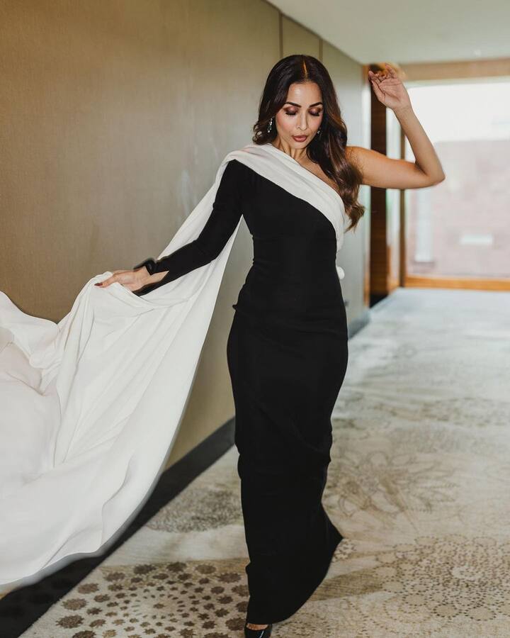 The ensemble consists of a black gown with a white pleated ad-on attached to the neckline and extending to form a floor-sweeping train on the back. (Image Source: Instagram/Aastha Sharma)