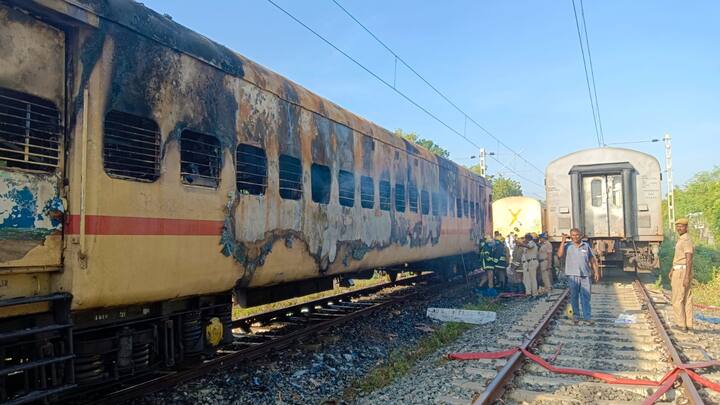 A significant portion of a coach of the train was charred.  (Credit: ABP Nadu)