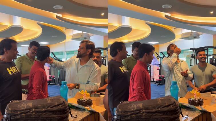 MS Dhoni's video of cutting cake alongside gym companions goes viral MS Dhoni: 'কে কে ডায়েট করছো?', প্রশ্ন সতীর্থদের, জিমেই কেক খেলেন, খাওয়ালেন ধোনি