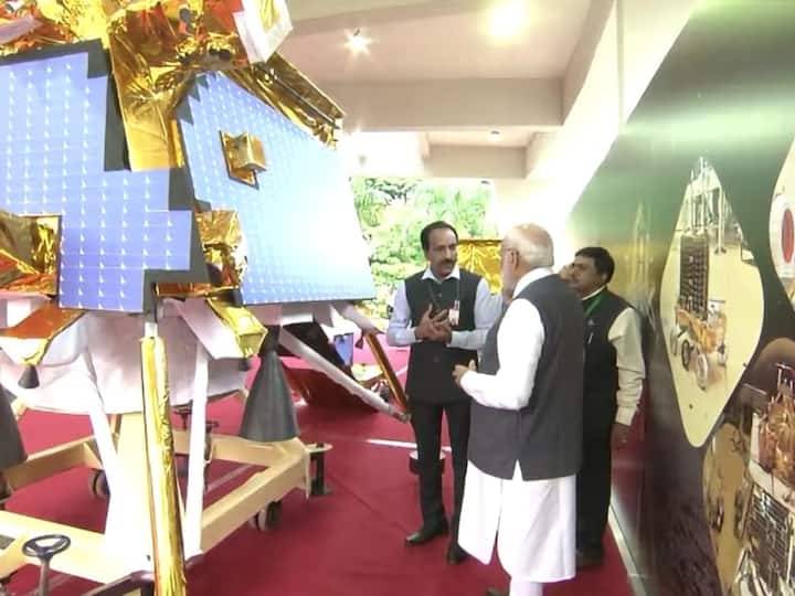 Chairman of ISRO S Somnath gives a tour of the ISRO Telemetry Tracking and Command Network to Prime Minister Narendra Modi.