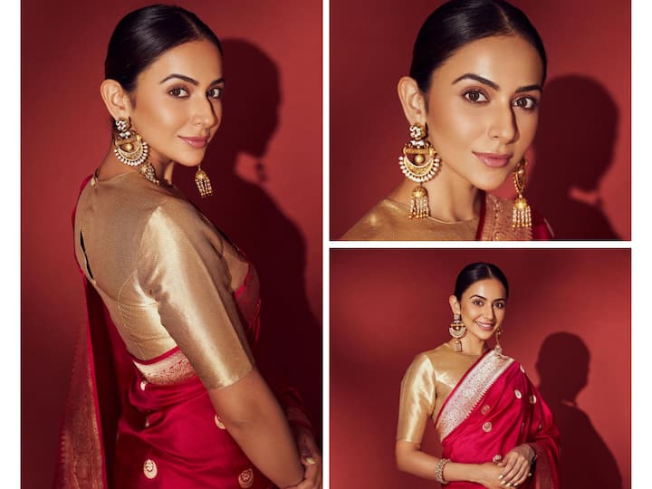 Rakul Preet Singh shared pictures in a beautiful maroon and gold saree.