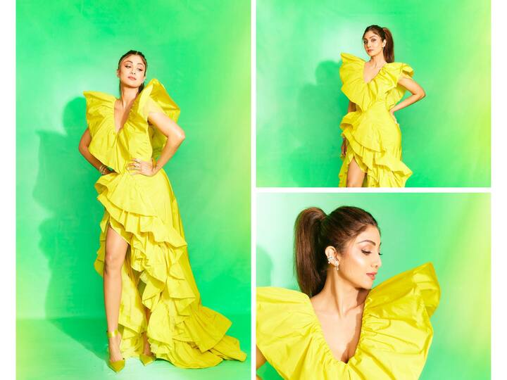 Shilpa Shetty is not just a fitness enthusiast but is a fashionista as well. From bright yellow to green- she knows how to slay in all colours.