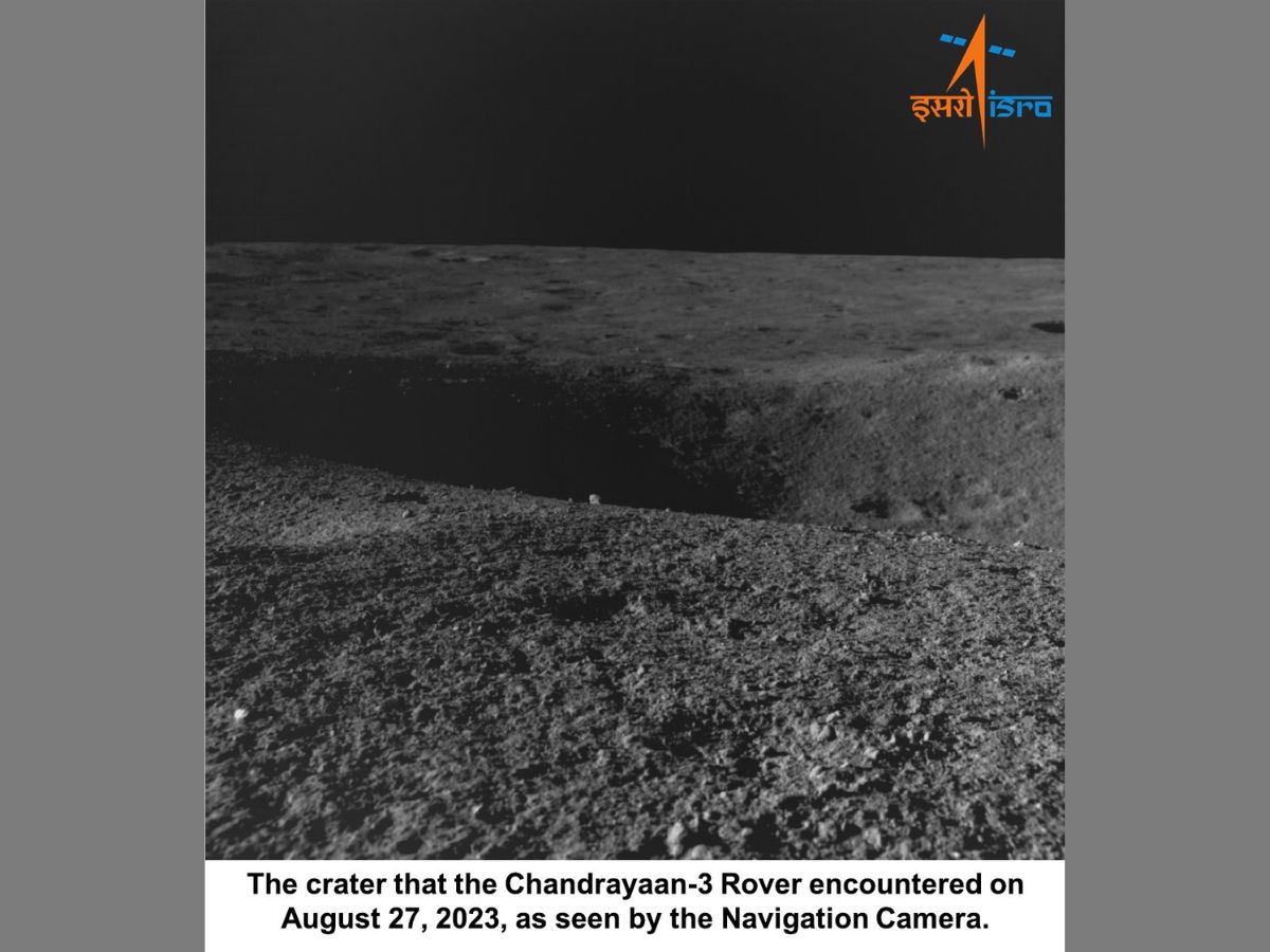 Chandrayaan-3's Pragyan rover came across a crater of size four metres on August 27, 2023. The Navigation Camera onboard Pragyan has captured an image of this lunar crater. (Photo: X/@ISRO)