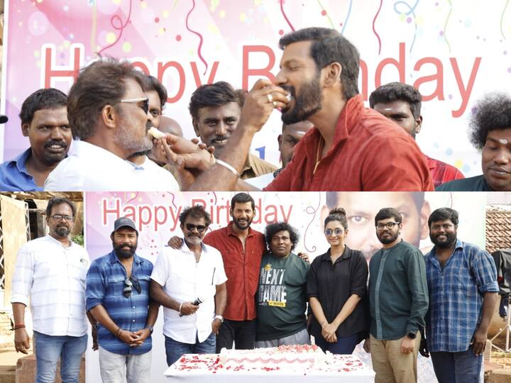 Vishal Birthday celebration Photos : விஷாலின் 46வது பிறந்தநாளை மாலை அணிந்து, கேக் வெட்டி கொண்டாடியுள்ளது விஷால் 34 படக்குழு.