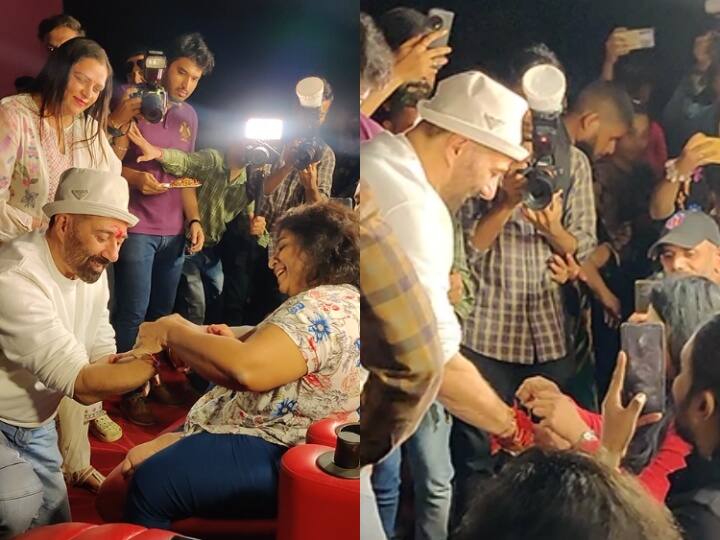 Sunny Deol Rakshabandhan Celebration: ‘गदर 2’ के एक्टर सनी देओल एक बार फिर थिएटर में अपने फैंस से मिलने के लिए पहुंचे. इस दौरान एक्टर ने अपनी फीमेल फैंस से राखी भी बंधवाई. नीचे देखिए तस्वीरें.....