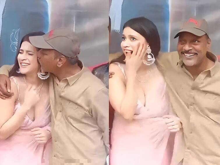 actress Mannara Chopra gets an impromptu kiss from director A S Ravikumar Chowdary actress hides embarrassment netizens slam Watch Video: மேடையில் நடிகைக்கு திடீர் முத்தம்.. அத்துமீறிய தெலுங்கு இயக்குநர்.. கடுப்பான ரசிகர்கள்..!