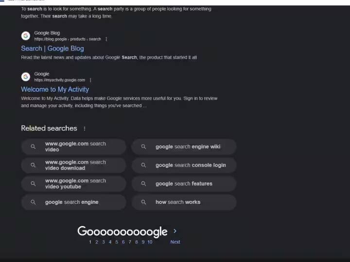 ખરેખર ગૂગલ પેજ નંબર દર્શાવવા માટે આટલી લાંબી જોડણી લખે છે. તેનો અર્થ એ છે, કે દરેક O નો અર્થ એક પૃષ્ઠ છે અને તમે શોધેલી ક્વેરી માટે 10 પેજ સુધી જોઈ શકો છો. જેમ તમે કોઈપણ O પર ક્લિક કરશો, તે નંબર મુજબ તે પેજ નંબર ખુલશે.