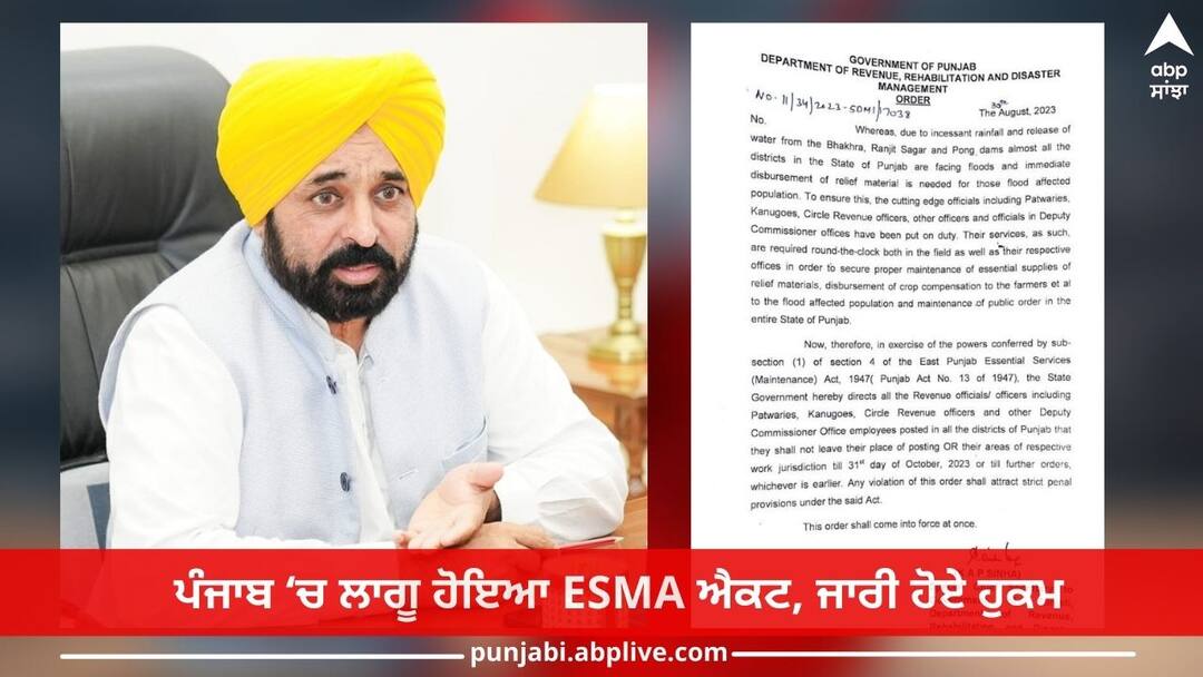 Punjab Government: ESMA Act implemented in Punjab, orders issued for officials Punjab Government: ਪੰਜਾਬ ‘ਚ ਲਾਗੂ ਹੋਇਆ ESMA ਐਕਟ, ਅਧਿਕਾਰੀਆਂ ਲਈ ਜਾਰੀ ਹੋਏ ਹੁਕਮ