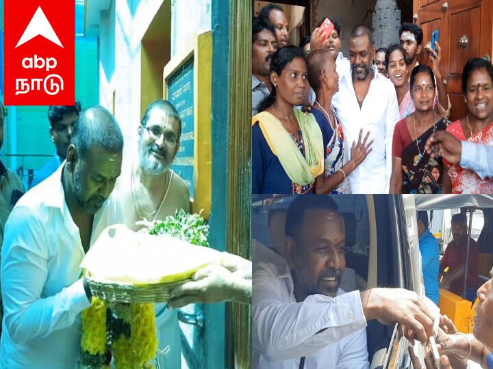 Actor Raghava Lawrence visited Kamatchi Amman Temple and Sankara Mutt to pray for the success of films Raghava Lawrence : கையை நீட்டிய யாசகர்களுக்கு 500 ரூபாய்.. காஞ்சிபுரம் வந்த ராகவா லாரன்ஸ் சாமி தரிசனம்