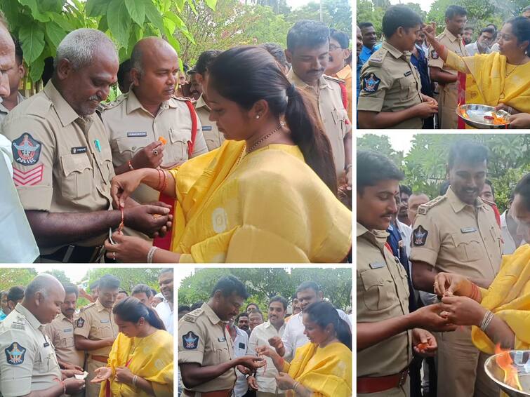 Rishita Reddy, wife of Srikalahasti TDP leader Bojjala Sudhir Reddy, tied rakhis to the police who came to house arrest him భర్తను హౌస్‌ అరెస్టు చేసేందుకు వచ్చిన పోలీసులకు రాఖీ కట్టిన బొజ్జల సుధీర్‌ రెడ్డి భార్య