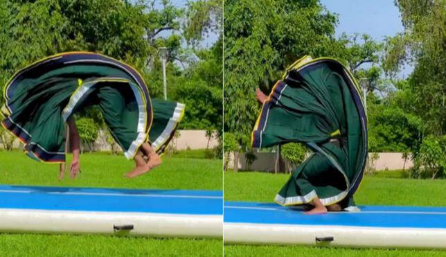 woman consecutive somersaults while wearing a lehenga stuns people we are proud of you Viral Video: ਔਰਤ ਨੇ ਸਕਰਟ ਪਾ ਕੇ ਦਿਖਾਈ ਕਮਾਲ ਦੀ ਕਲਾਬਾਜ਼ੀ, ਲੋਕ ਹੋਏ ਹੈਰਾਨ, ਕਿਹਾ- ਸਾਨੂੰ ਤੁਹਾਡੇ 'ਤੇ ਮਾਣ ਹੈ...